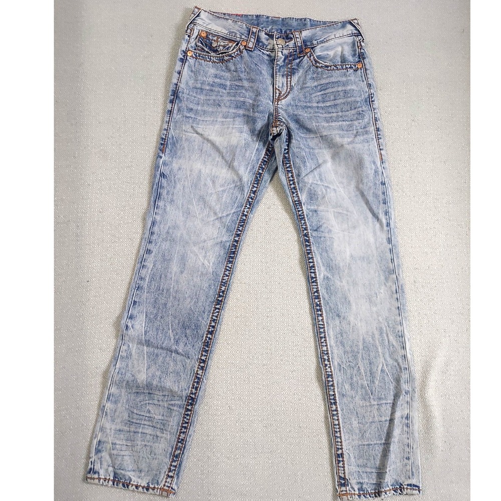 True Religion Jeans Mens 32 Light Blue Ricky Super T Straight Acid Wash Denim